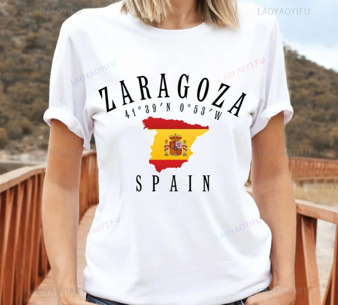 سرقسطة إسبانيا العلم القطن تي شيرت الهدايا التذكارية السياحية أفضل صديق زوجين ملابس بسيطة ومتعددة الاستخدامات ألوان وأنماط مختلفة