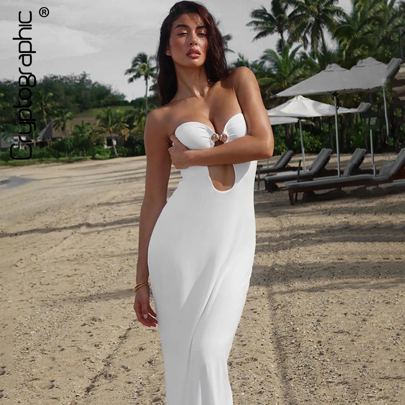 

Cryptographic Sexy Strapless Elegant White Maxi Dress Outfits for Women Party Club Cut Out Long Sun Dresses Vacation Summer