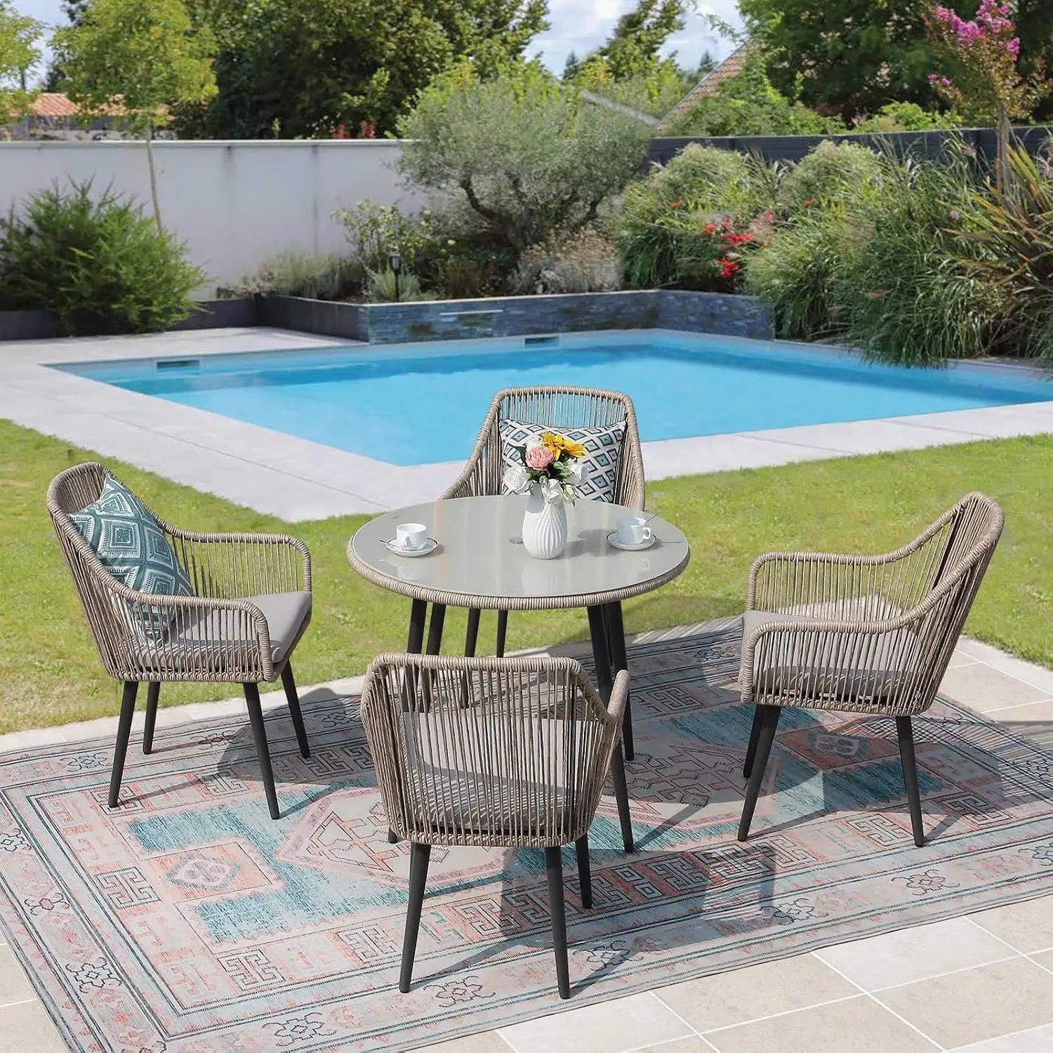 5-Piece Outdoor Patio Dining Set with Table & 4 Chairs, Tan, Customized