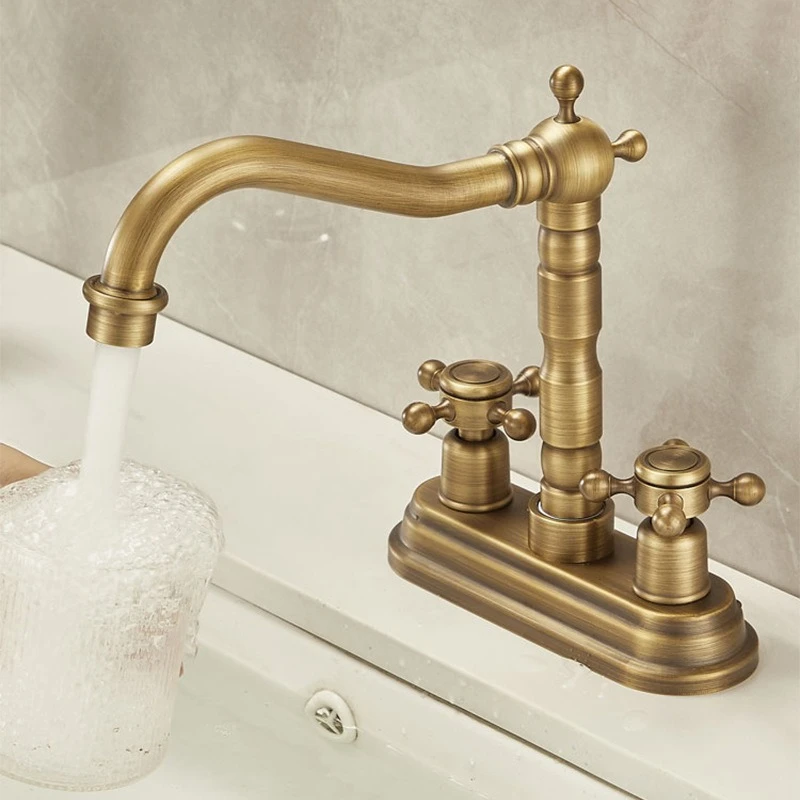 genuine-antique-brass-double-handle-double-hole-bathroom-sink-faucet-with-hot-and-cold-water-outlets