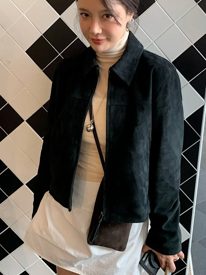 Kaki Color Suede Short Jacket Women's Spring Autumn New American Retro High-End Feelings Button up Casual Outerwear Coat