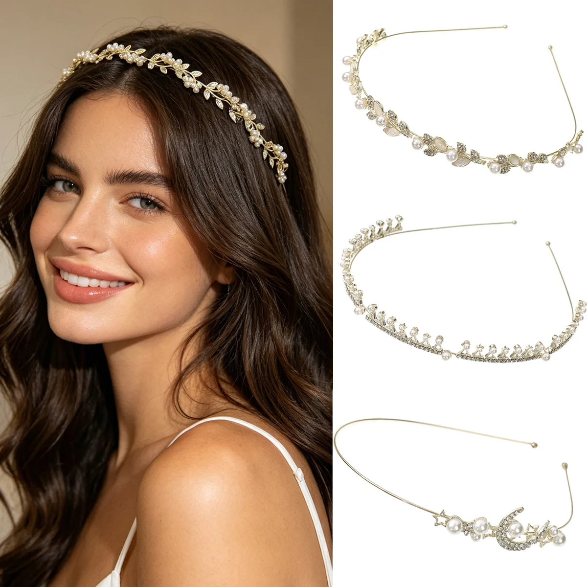 AWAYTR New Metal Hairband Flower Pearl Headband for Women Headwear Shiny Rhinestone Hair Band Hoop Hair Accessories