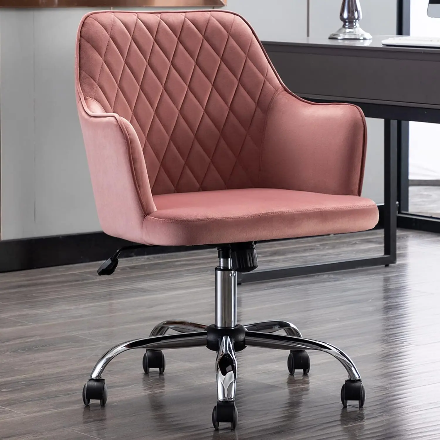

Velvet Home Office Chair with Arms, Armchair with Wheels Adjustable Desk Chair for Office Living Room Bedroom, Pink/Silv