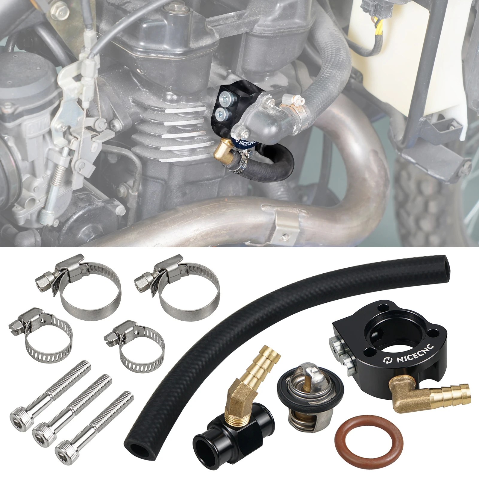 

Fit KLR 650 Thermostat Kit Cooling System Modification Kit for Kawasaki KLR650 1987-2024 Thermostat Bypass Hose Clamps Bolts Set