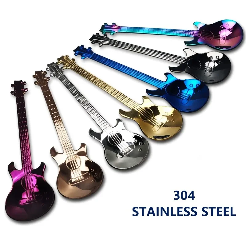 7pcs 304 Stainless Steel Guitar Shaped Love Coffee Spoon Teaspoon Children Spoon New Beautiful Coffee Tea Use Kitchen Spoon