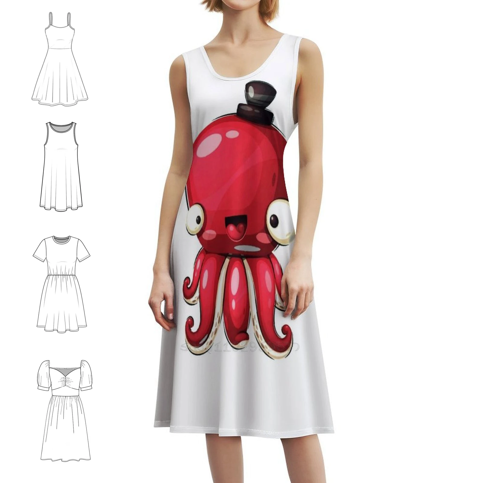 السيد الأخطبوط البوهيمي فستان بلا أكمام متعدد المطبوعات شاطئ عطلة فستان الحفلات مخلوق البحر الكرتون الحيوانات لطيف مضحك المرأة