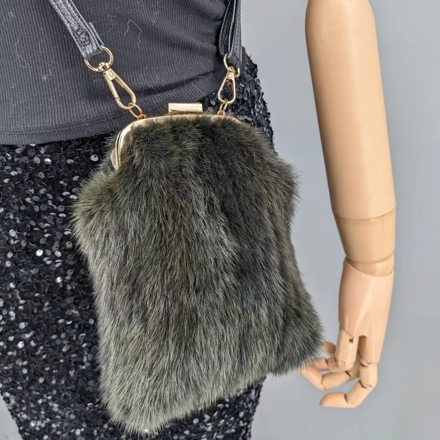 Women Grey Green Real Mink Fur Mini Phone Bag Detachable Strap Fluffy Genuine Fur Crossbody Shoulder Purse 23A0801