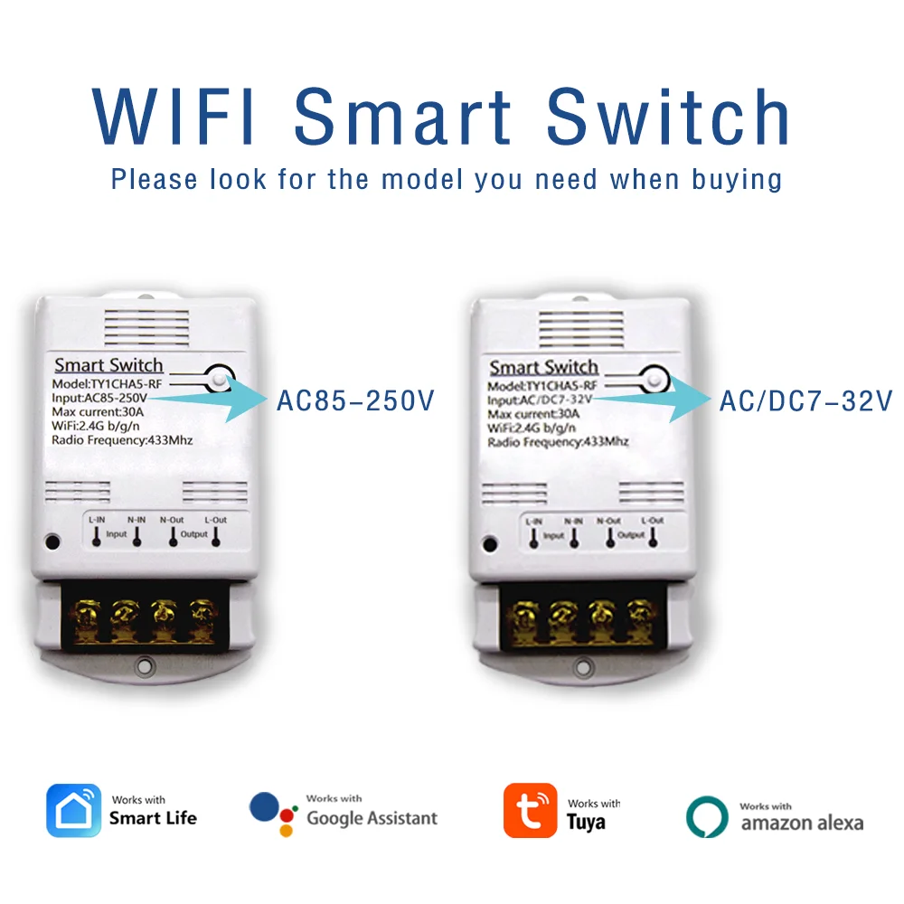 

Реле для домашней автоматизации, Wi-Fi, 30 А, 20 А, 7-32 В переменного тока, 85-250 В переменного тока, умный переключатель, Радиоконтроллер SmartLife Tuya, пульт дистанционного управления Alexa