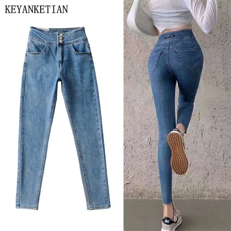 KEYANKETIAN Women New skinny Jeans Buttons Decoration Zipper High-Waisted Hip-Lifting Pencil Pants Female Basic Ankle Trousers