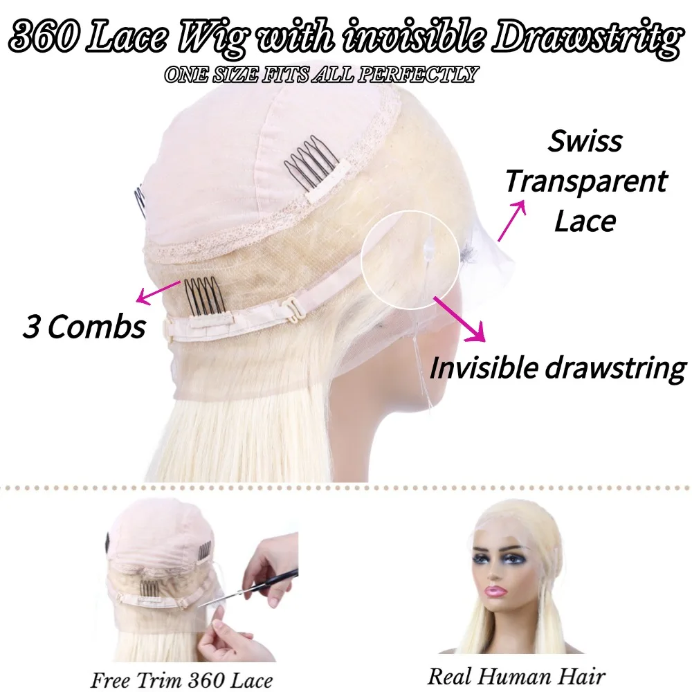 613 Honey Blonde Straight Vietnamese Human Hair Wig 360 Lace Frontal Wig With Invisi Strap Invisi Drawstring 5x5 Glueless Ready To Wear Wig 13x4 13x6 HD Lace Front Wig Pre Plucked Pre Bleached Knots 200% Density 40 Inch Blonde Wigs For Women