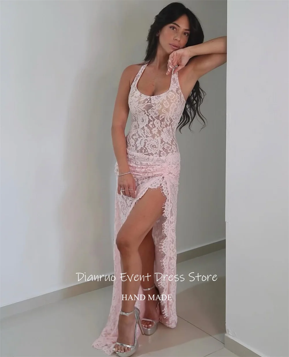 Dianruo Розовые вечерние платья с бретелькой на шее Русалка Кружевные аппликации Шикарные платья Vestidos De Novia Элегантные платья для выпускного вечера с высоким разрезом по индивидуальному заказу