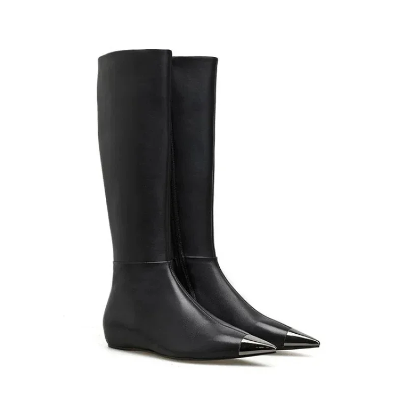 Brand Metal Pointed Women Knee Long Boots Fashion Stage Show Black Sexy Autumn Winter Over Knee Length Boots Size 34-45