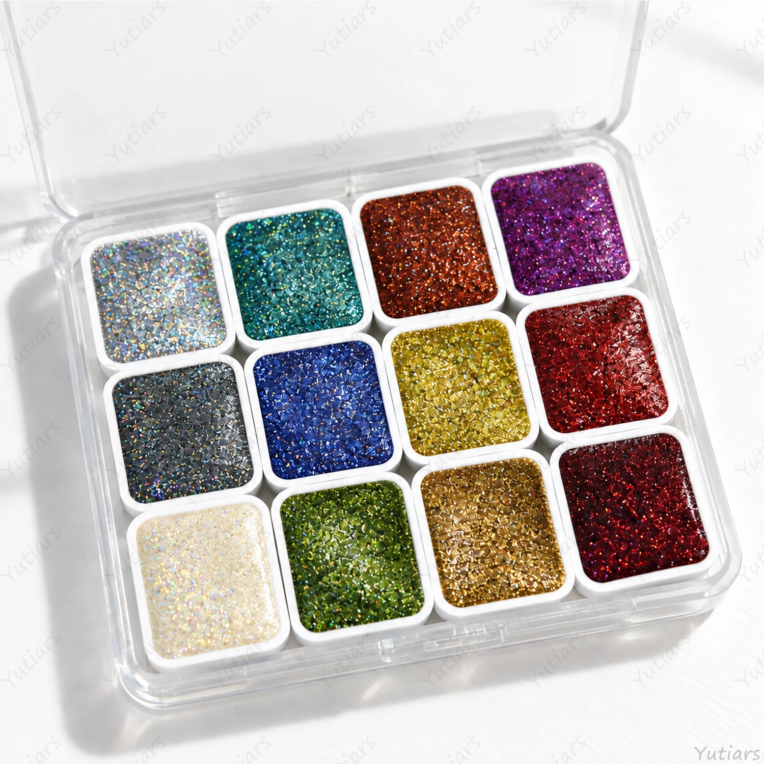 12 Color Holographic Glitter Watercolor Paint Set Sparkling Metallic Solid Pigment Palette for Cards Journaling DIY Art Supplies