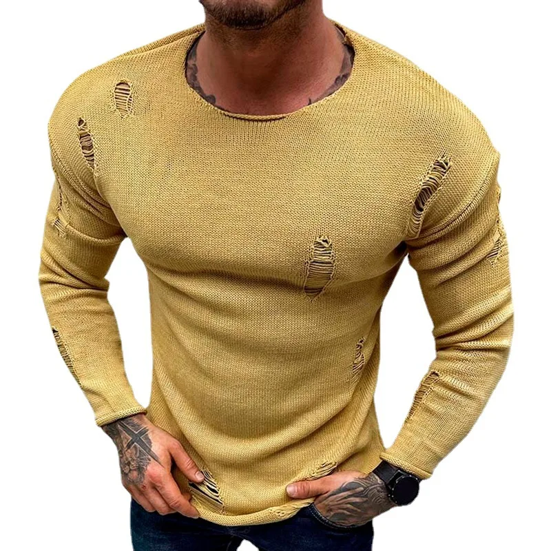 European American men's summer luxury fashion new perforated knitted sweater with round neck long sleeves thin base shirt top