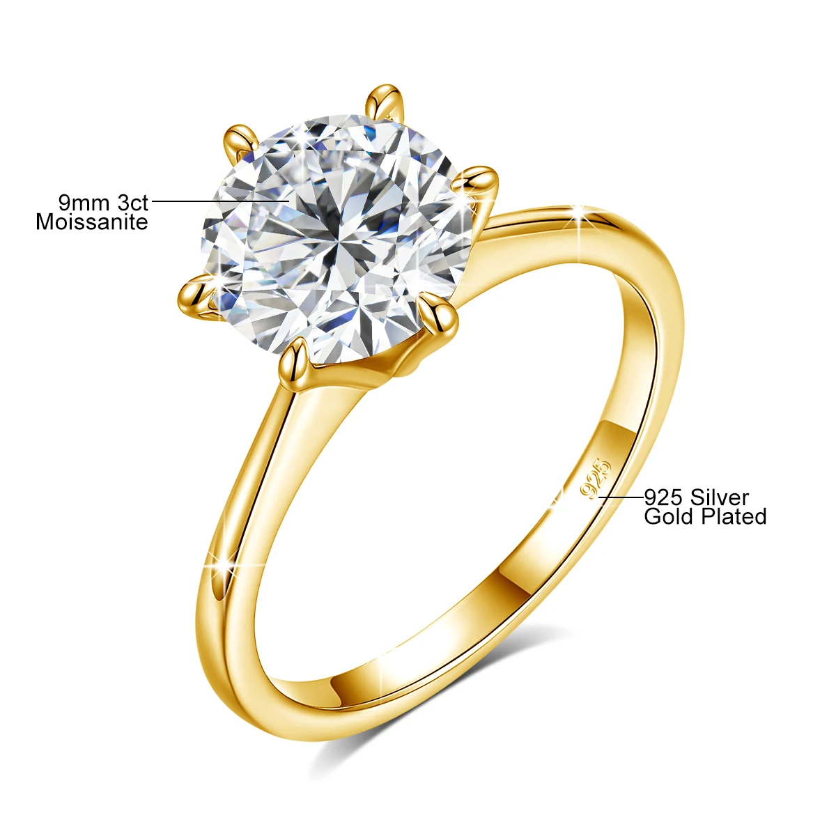 9mm 3ct Moissanit-Ehering mit sechs Krappen, 925 Sterling Silber Verlobungsringe für Frauen, Schmuck für Jubiläen, Partys und Bankette – Detail 1