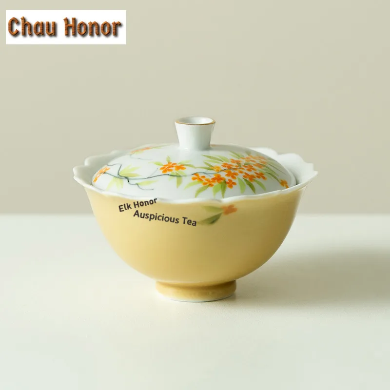 

70 мл ручная роспись османтуса, пшеничная солома, желтый гавань, древняя чайная варенья, чайная чаша с крышкой, комплект для приготовления чая, крышка, миска, посуда