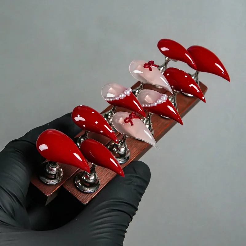 Fresh and gentle style dragon claw ultra-sharp pink-white gradient fake nails, high-quality, detachable manicure