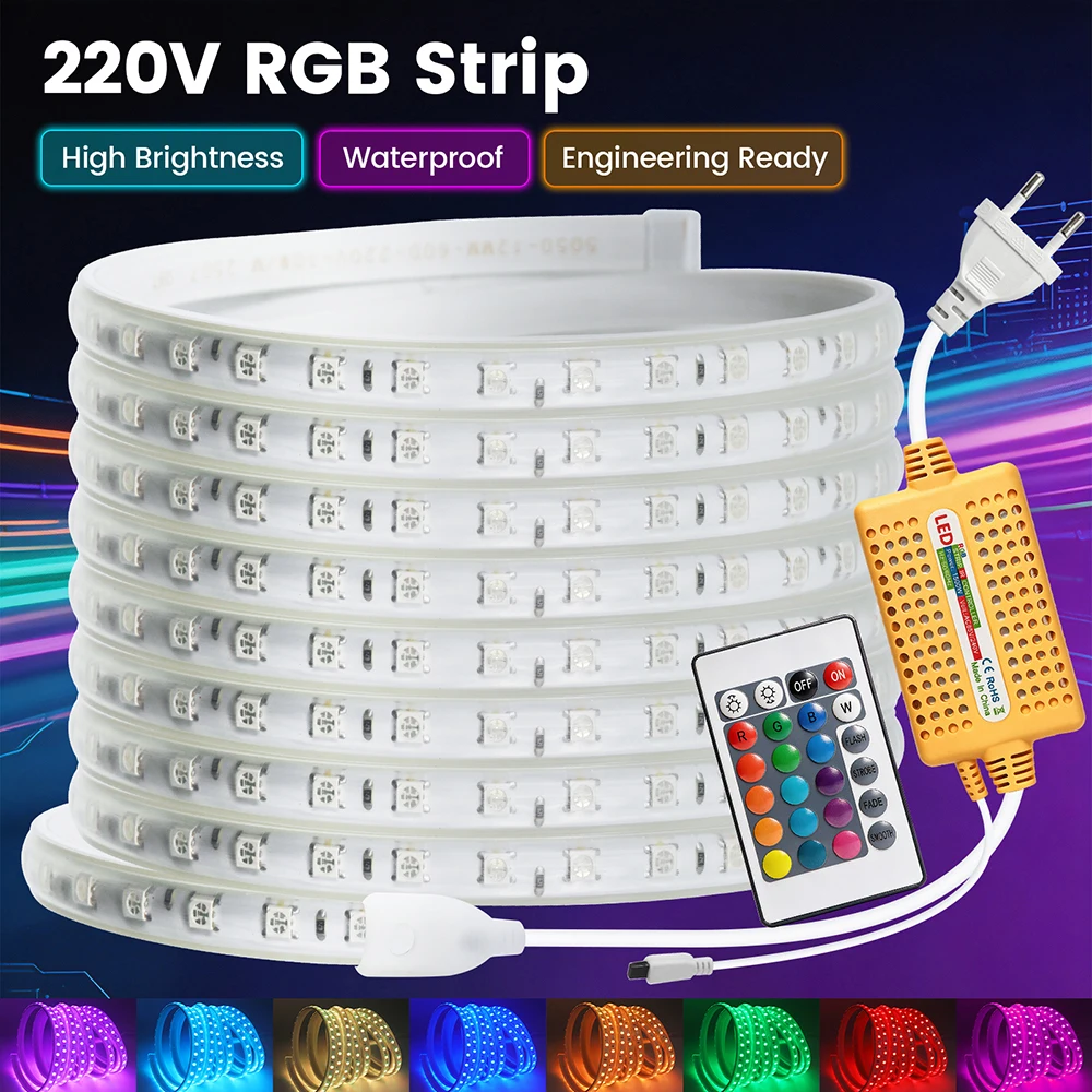 5050 SMD RGB LED Strip 220V Waterproof EU Plug 24 Key Remote Control Flexible Ribbon Light for Room Night Light 1m 2m 5m 10m 15m