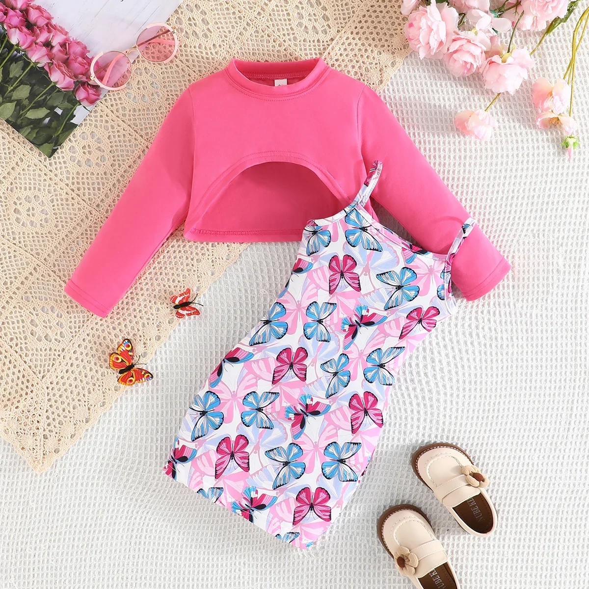 Clothing Set For Kid Girl 2-7 Years old Long Sleeve Top Butterfly Print Suspenders Skirt Princess Dresses Summer Outfit For Girl