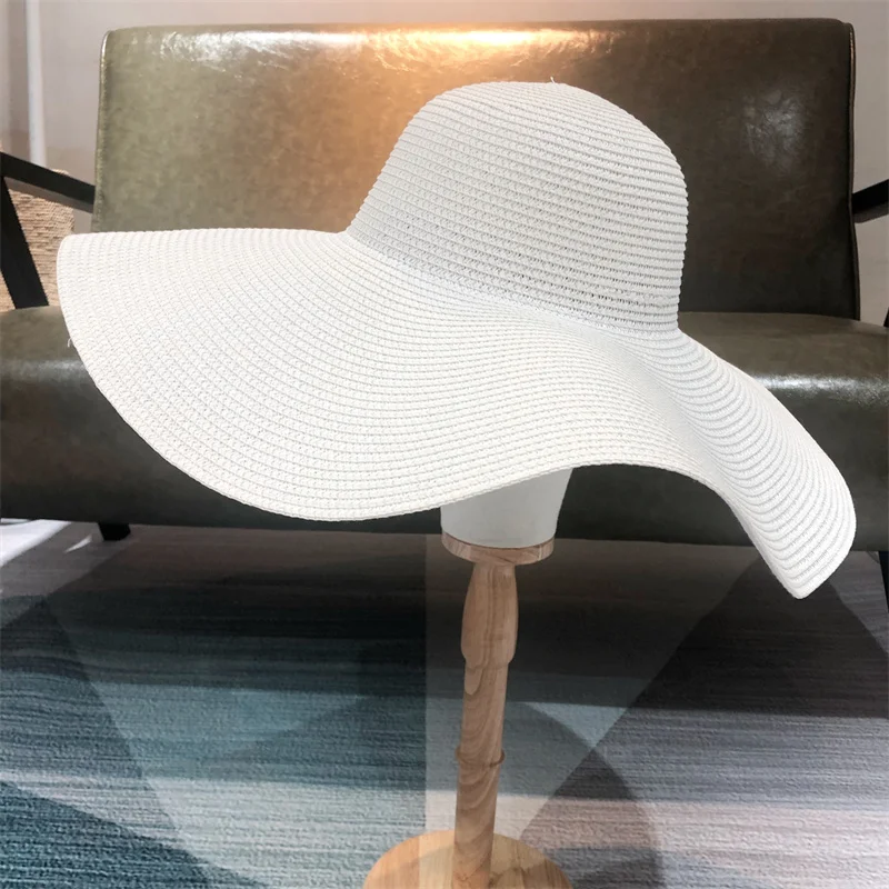 White punk straw hat 25cm large brim hat wholesale sun hat ultra-thin breathable summer sun hat straw hat travel men and women