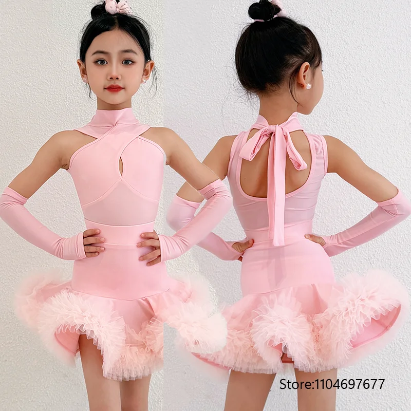 Mädchen Rosa Lateinamerikanisches Tanzkleid Kinder Cross-Neck-Ballroom-Wettbewerbskostüm Kinder Gerüschtes Tango-Salsa-Übungskleid