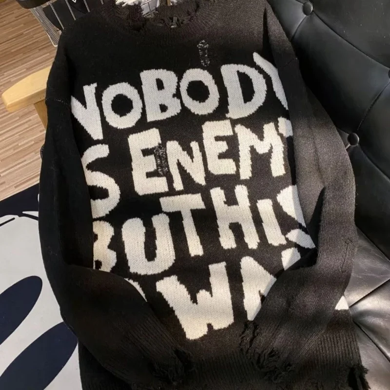 

Retro Hong Kong Sle Loose Fit Large Size Men's Sweater Faionable Knitted irt Diamond Pattern Baseball Collar Long Sve