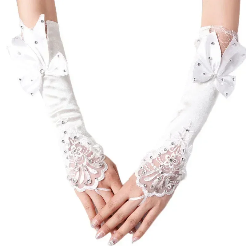 Finger Floret Bow Tie Diamond Gloves Bride Wedding Wedding Dress Hand Sleeves Long Satin Lace Stick Diamond Gloves