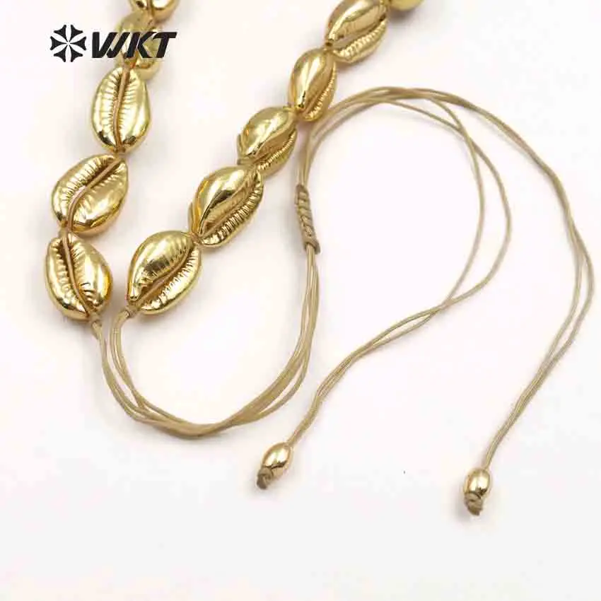 WT-JN039 WKT Wholesale Natural Sea Cowrie Shells Choker Handmade Women Necklace With Full Gold Metal Plated Adjustable Chain 