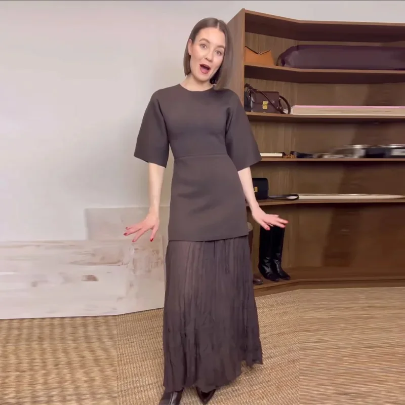 MUJER Pleated Knitted Long Dresses for Women Short Sleeve Maxi Dress Woman Vintage Party Womens Dresses Patchwork Women's Dress - Image 6