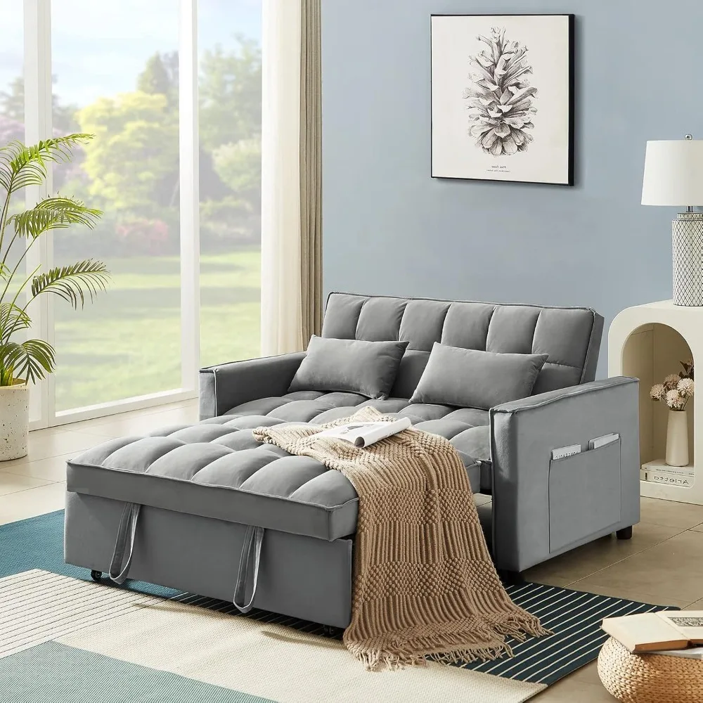 

Modern Velvet Loveseat Futon Couch w/Pullout Bed,Toss Pillows, Pockets, Furniture for Living Room