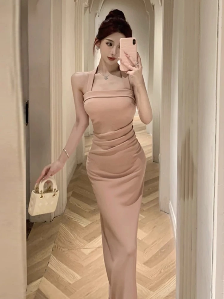 

Woman Dress Sleeveless Slash Neck Backless Slim Split Halter Backless French Style Chic Party Dresses Temperament Party