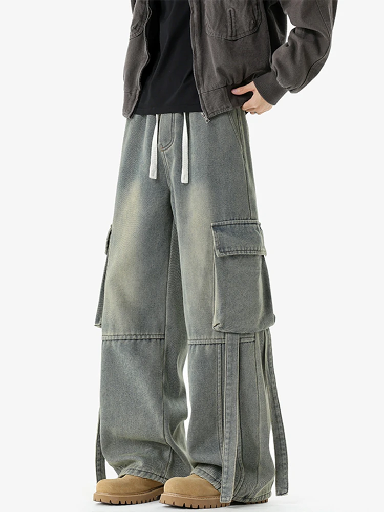 

Retro American Workwear Jeans Men's Winter Trendy High Street Handsome Big Pocket Washed Wide Leg Pants Men Casual Straight L...
