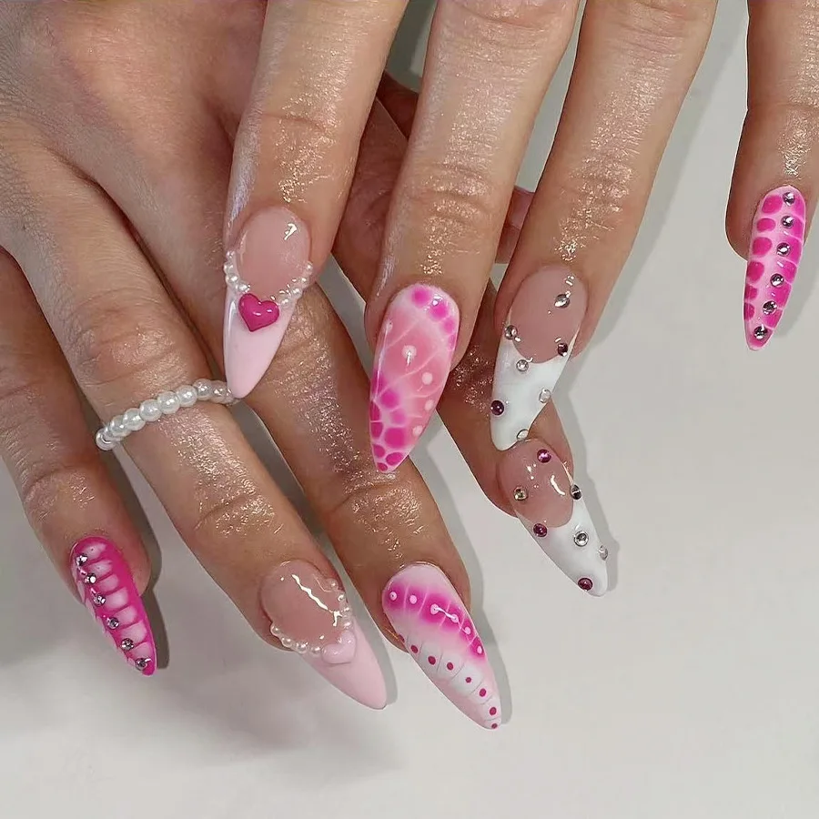 

24pcs Long Almond Fake Nail Art Fashion Y2k White French False Nails Love Rhinestone Stick on Nail Sets Pink Press on Nails Tips