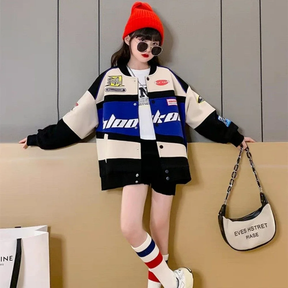 

Children Spring Autumn Girls Sporty Casual Jackets Baseball Uniform Single Breasted O-neck Patchwork Printed Moto Style Coats