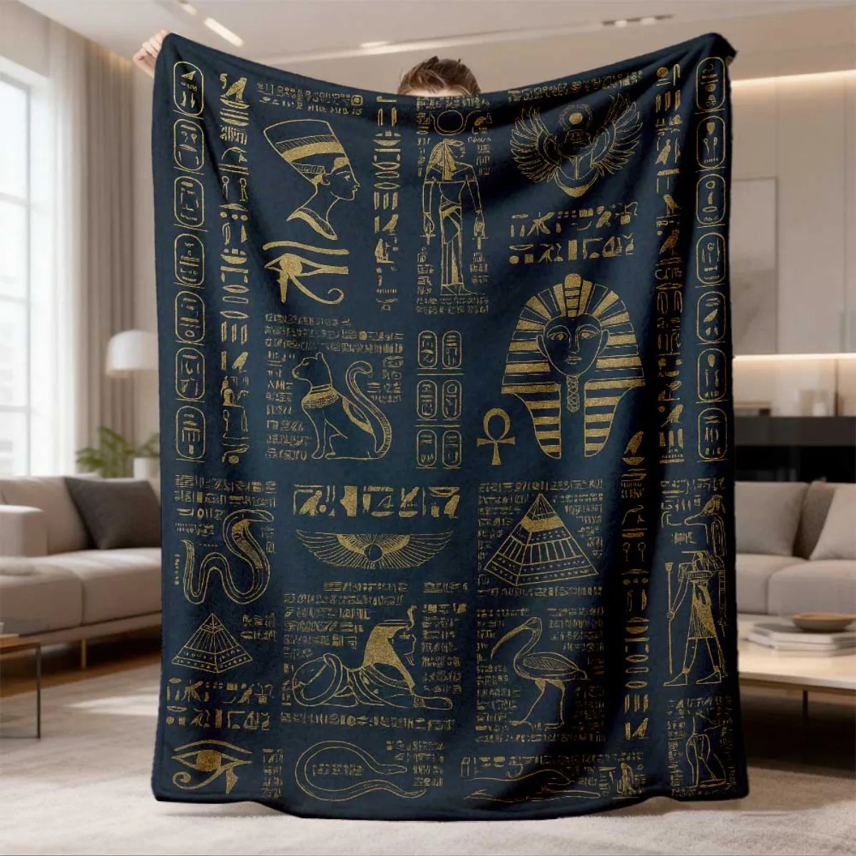 Matte Dark Blue Backdrop Full Golden Egyptian Pharaoh Hieroglyph Symbol Ancient Egypt Myth Full Print Fluffy Blanket Couch Gift
