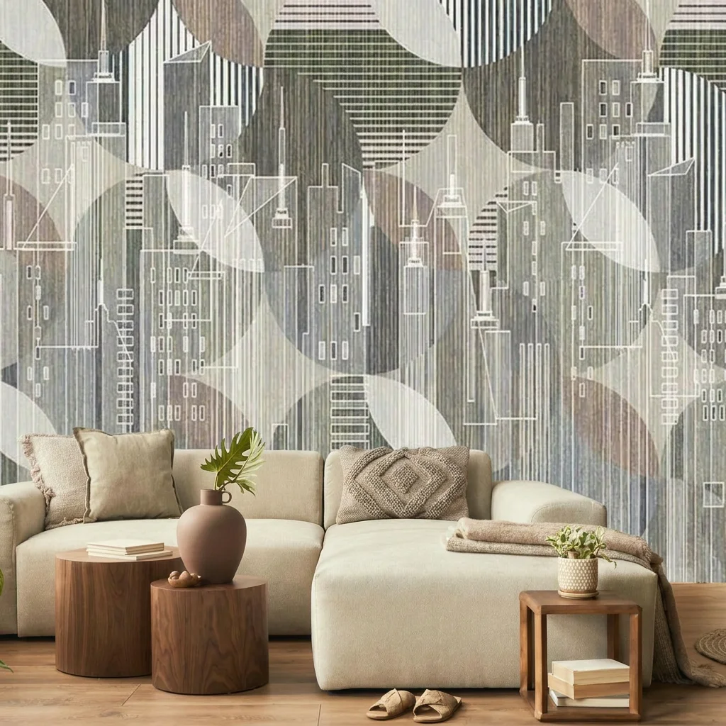 City skyline, vertical lines, and geometric shapes, background wall for living room and bedroom, self-adhesive material.