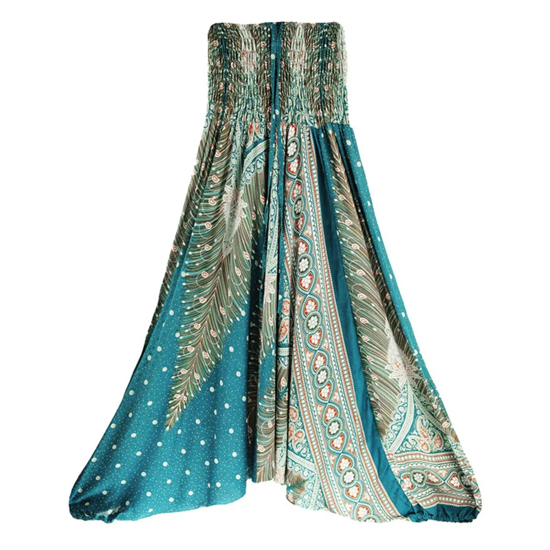 Böhmische Hippie-Hose für Damen mit geräuchertem Druckdesign, lockere Laternenhose, Yoga-Hose, Kleid, Strandurlaub, Rock