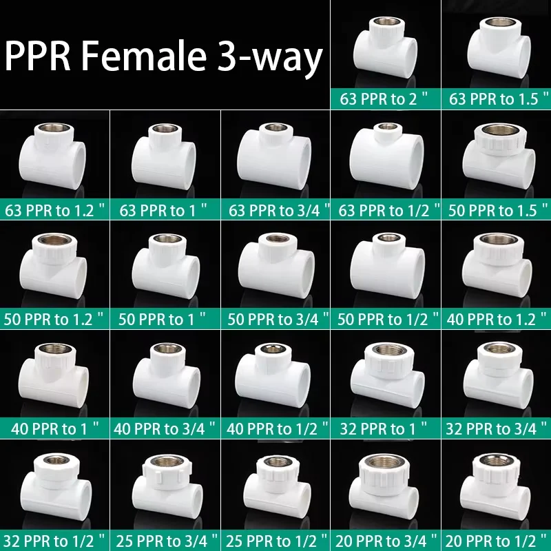 20/25/32/40/mm PPR Vrouwelijke T-3way Connector naar 1/2 "3/4" 1 "1.2" 1.5 "2" Koperen Binnendraad Verminderen Gezamenlijke Pijp Montage Adapter