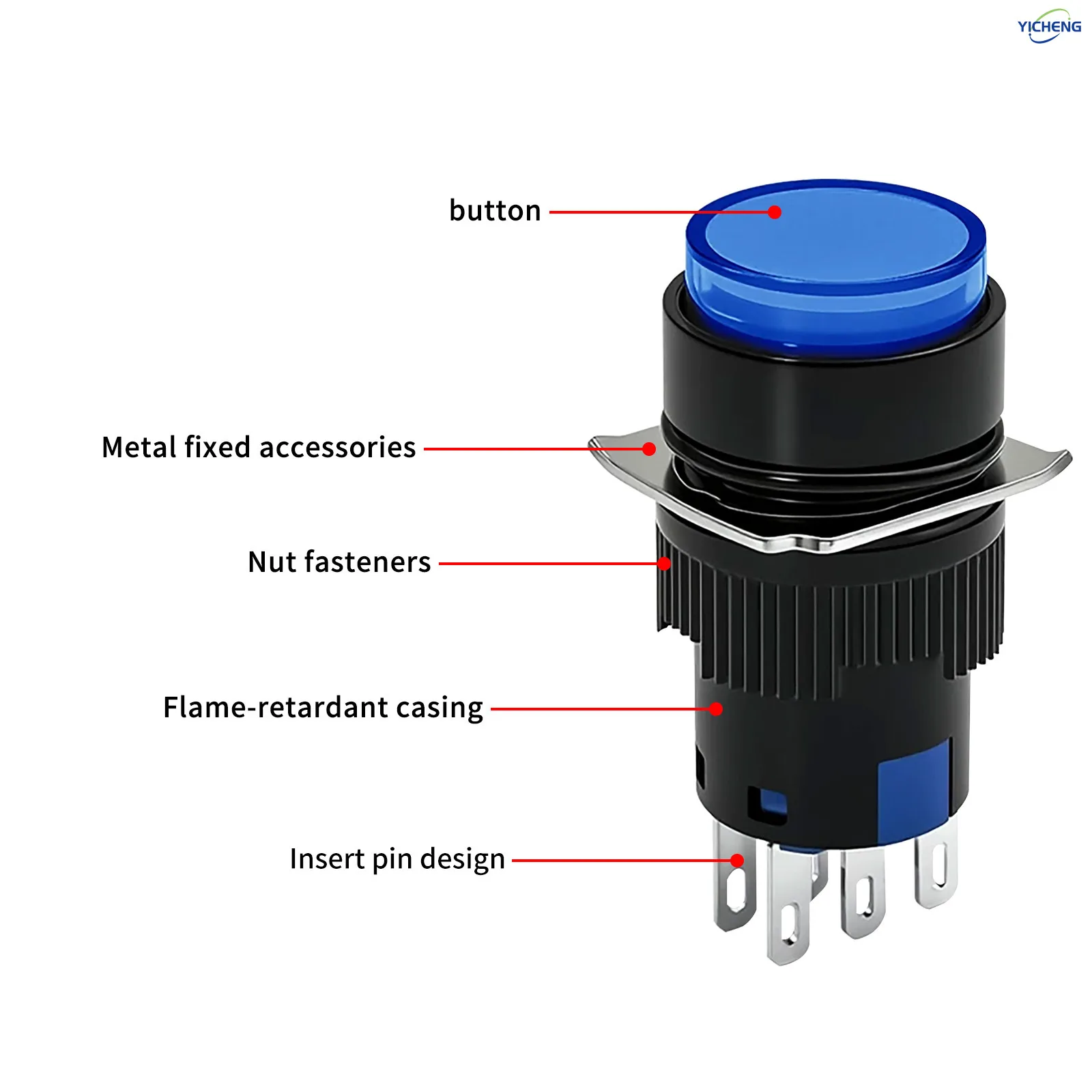 12Pcs 16mm Push Button Switch,5-Colors(Red,Yellow,white,Blue,Green),3-Pin 1NO+1NC/6-Pin /2NO+2NC,self-locking/Momentary,No light
