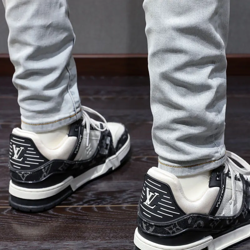 Fashionable new men's jeans with perforated patches washed, nostalgic stretch, slim fit, retro light blue jeans, high street hip