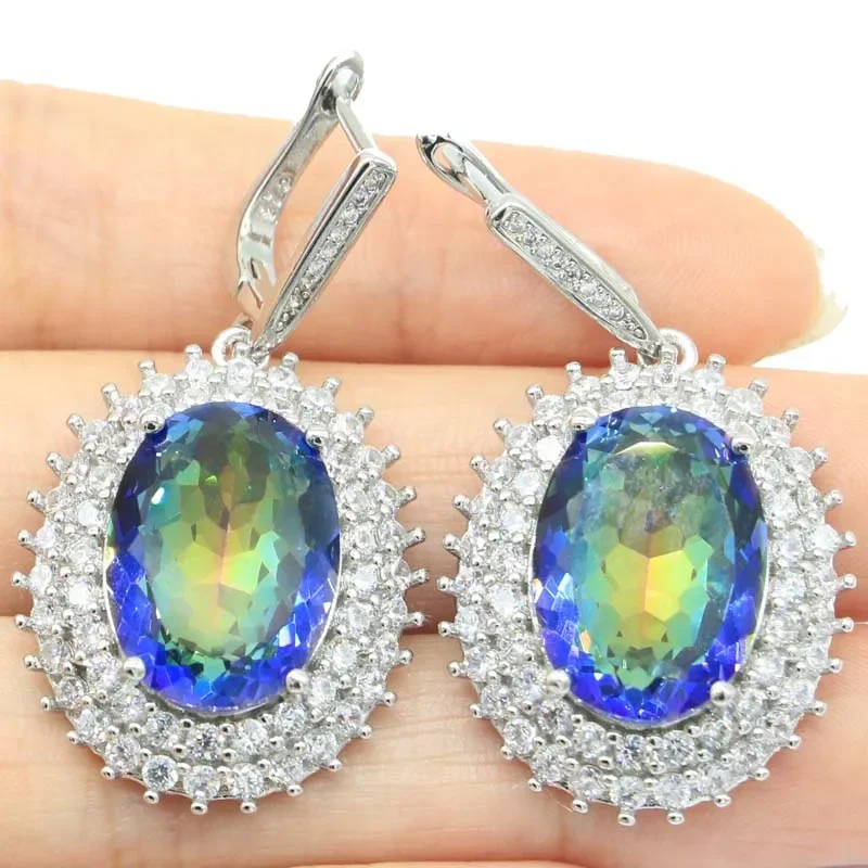 

15g 925 Solid Sterling Silver Earrings Customized Fire Rainbow Mystic Topaz Real Red Ruby Real Green Emerald Pink Kunzite Cz
