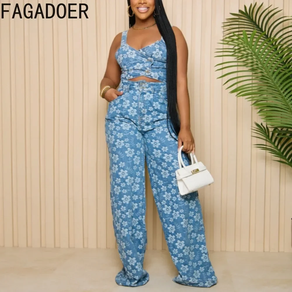 FAGADOER Fashion Flowers Printing Denim Wide Leg Pants Sets Women Strap Sleeveless Crop Vest And Pants Two Piece Outfits Street