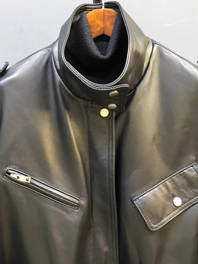 Women Retro Mid Long Luxury Genuine Leather Jacket Stand Collar Fashion Workwear Outerwear Pocket Belt Zip Real Sheepskin Coats