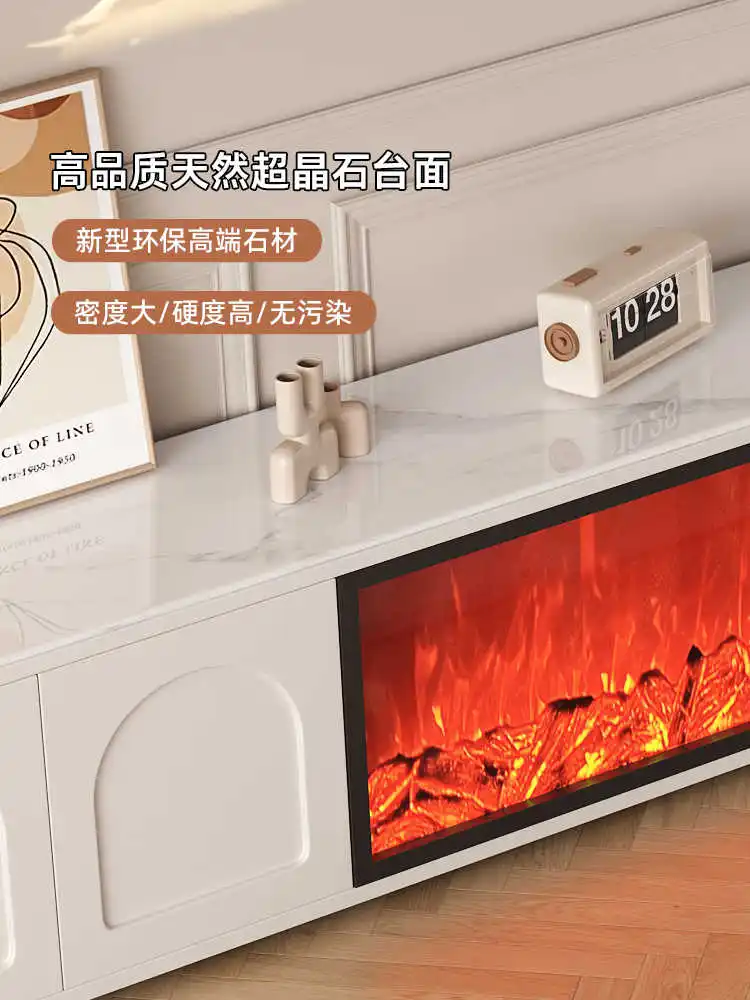 High-end Living Room TV Cabinet New 3D Electronic Fireplace Decoration Simulation Flame Integrated White Cream Style
