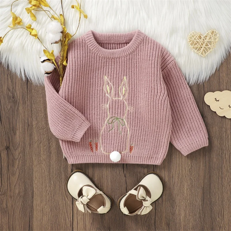 2024-02-29 Lioraitiin Spring Easter Toddler Baby Girl Sweater Bunny Embroidery Pattern Long Sleeve Knitwear Pullover Clothes