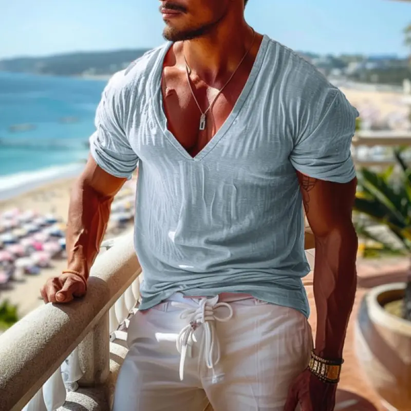 

Мужская футболка в стиле ретро с v-образным вырезом, простая однотонная повседневная футболка, винтажный мягкий хлопковый топ с короткими рукавами для мужчин, летняя базовая удобная рубашка