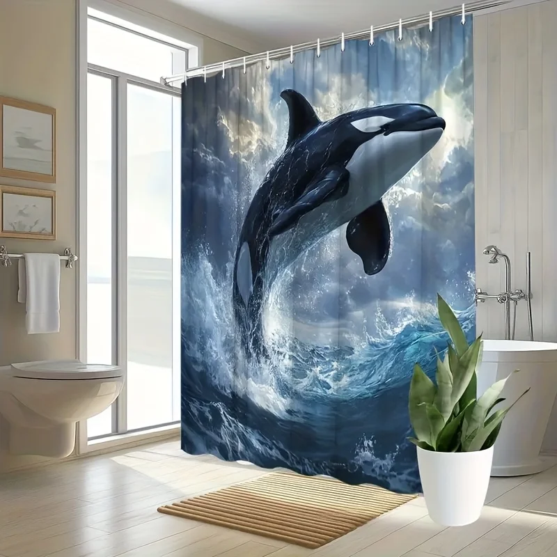 1pc Orca Whale Leaping Through Waves Shower Curtain - Vibrant Ocean Animal Print, Machine Washable Polyester Fabric, Multi-Size