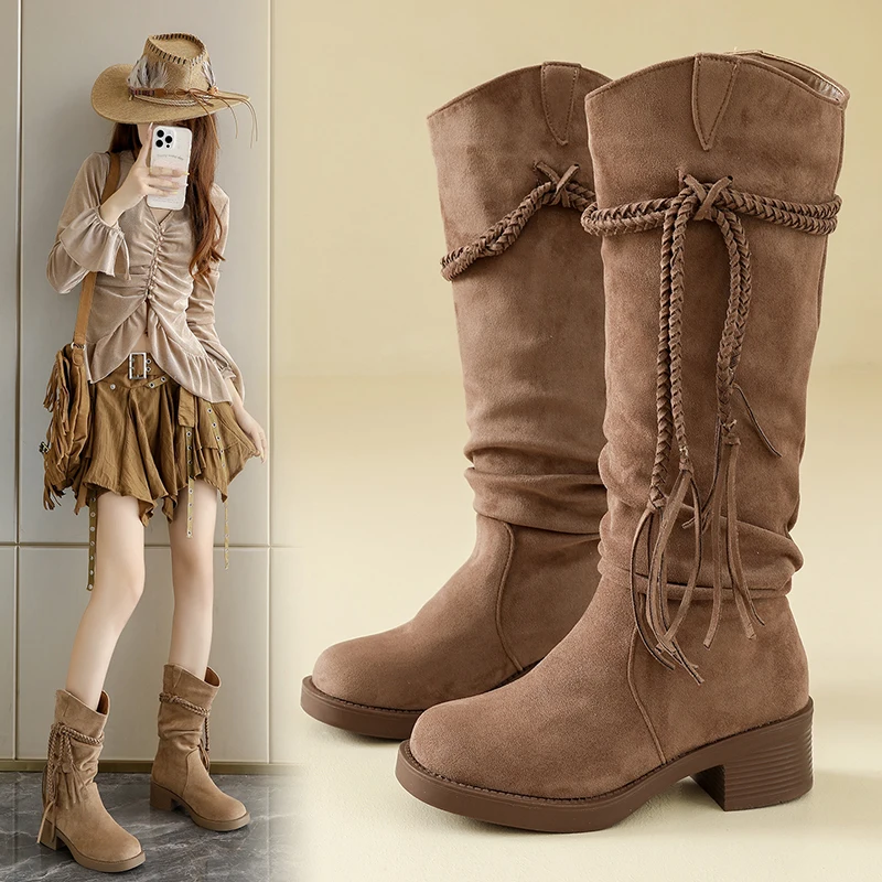 

2025 Новые высокие сапоги для женщин, модные ковбойские сапоги в стиле вестерн с кисточками, модные ботинки челси в британском стиле, удобная повседневная обувь