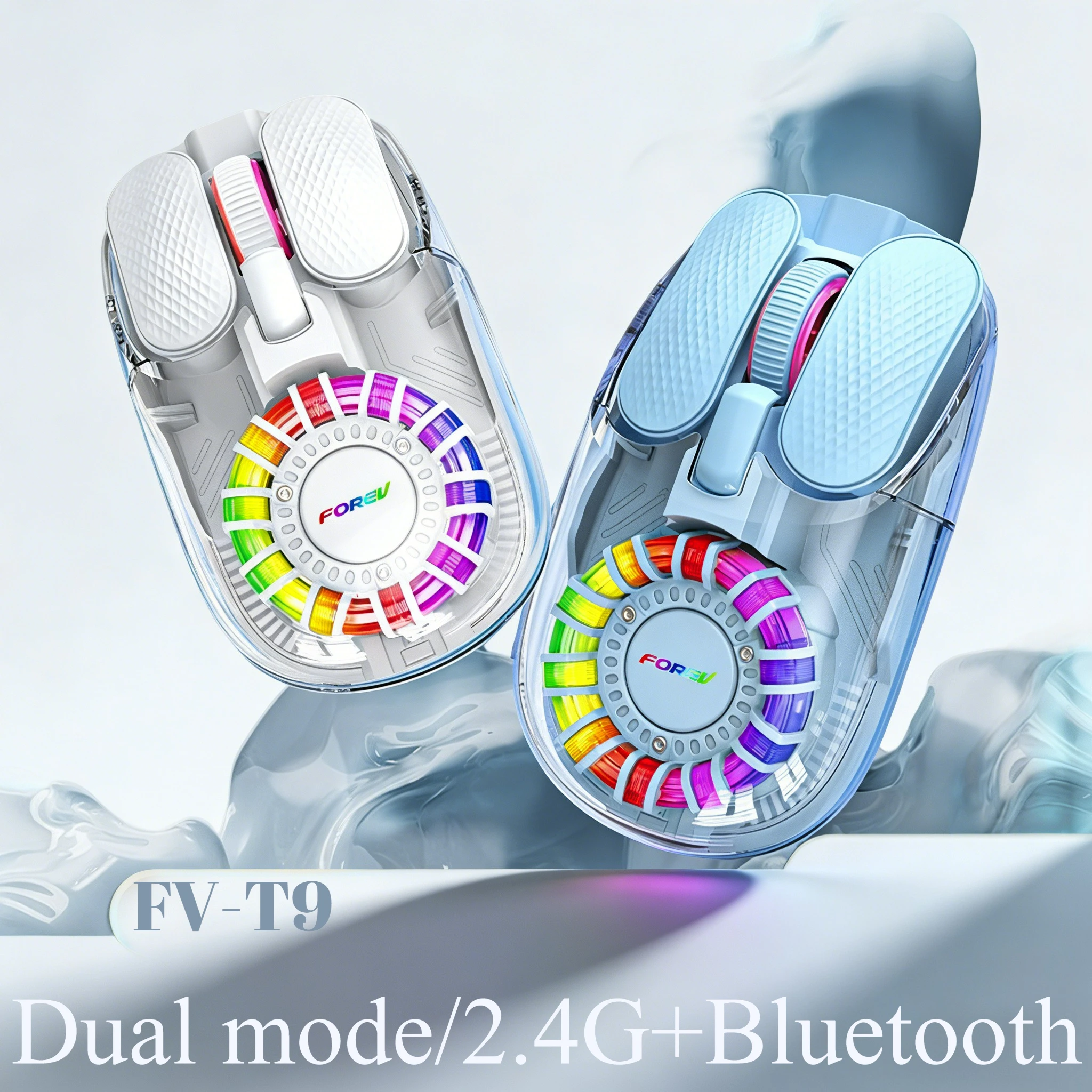 FV-T9 wireless transparent charging dual-mode high-value RGB ergonomic Bluetooth mouse ergonomic design comfortable grip