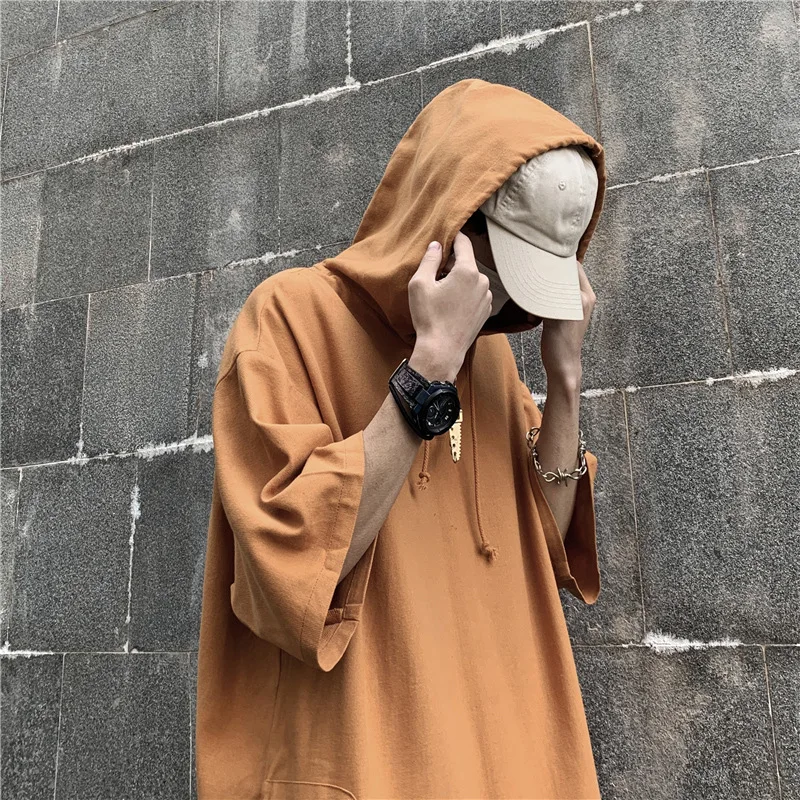 Oversized T-shirt Hip Hop.loose Hooded Short Sleeve Tee Versatile Men\'s Clothing Harajuku Solid Color T-shirt Men